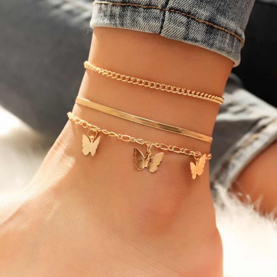 BUTTERFLY ANKLE BRACELETS 3 CHAINS