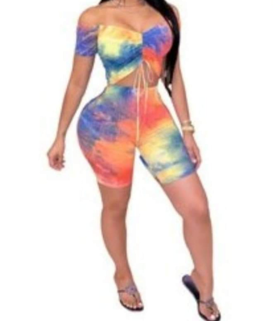 OFF THE SHOULDER, STRING TIE IN FRONT TIE-DYE TWO PIECE  SETS