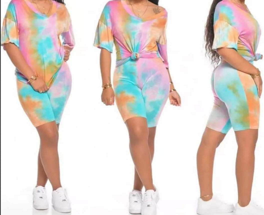 TIE-DYE V-NECK BIKER SHORT SETS