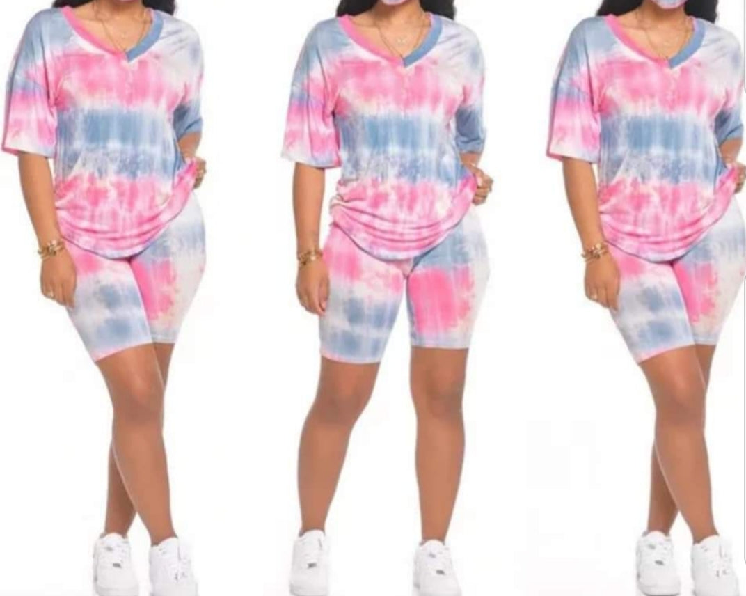 TIE-DYE V-NECK BIKER SHORT SETS