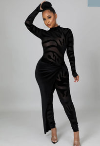 BLACK MESH BEAUTY TWO PIECE FULL BODYSUIT AND SKIRT