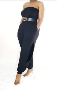 BLACK TUBE TOP JUMPSUIT, SPILT ON LEG.